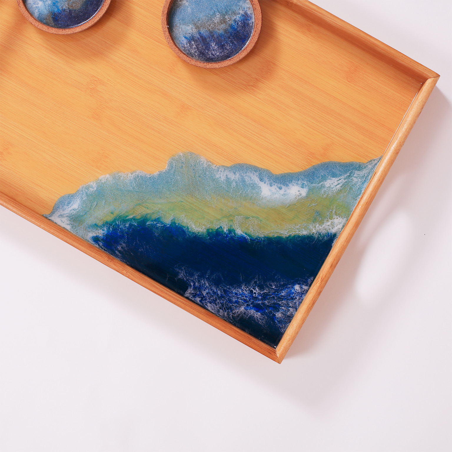 Wooden Tray and Two Coasters with Blue Resin