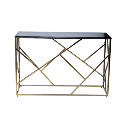 console with a glass surface and a golden steel body